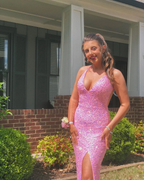 Pink Halter Neckline Sequins Prom Dress Sexy Evening Dress Side Slit Y268 by simplepromdress