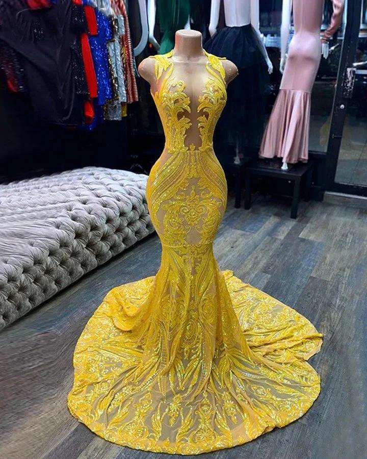 Yellow Long V-neck Sleeveless Sequins Lace Mermaid Prom Dress by BIZTUNNEL