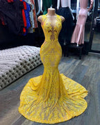Yellow Long V-neck Sleeveless Sequins Lace Mermaid Prom Dress by BIZTUNNEL