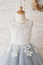 Lace Tulle Floor-length Blue Flower Girl Dress - photo 3