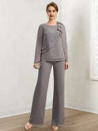 Chiffon Mother of the Bride Pantsuits with Beading & Ruffles by Dreamylily