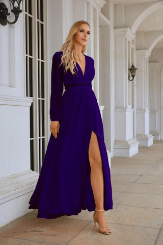 Ladies V Neck Chiffon Long Sleeve Front Slit Bridesmaid Evening Dress Wedding Party Shopping Evening Dress 28109