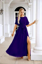 Ladies Chiffon Sleeve Crew Neck Front Slit Floor Length Bridesmaid Evening Dress Wedding Party Evening Dress 28124 by numbersea