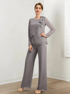 Chiffon Mother of the Bride Pantsuits with Beading & Ruffles by Dreamylily