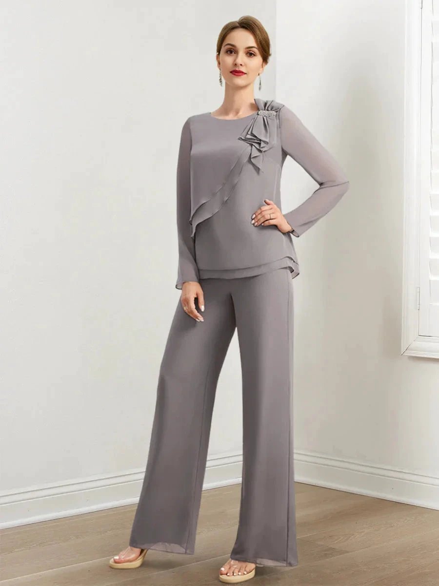 Chiffon Mother of the Bride Pantsuits with Beading & Ruffles by Dreamylily