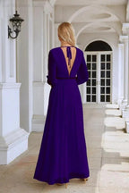 Ladies V Neck Chiffon Long Sleeve Front Slit Bridesmaid Evening Dress Wedding Party Shopping Evening Dress 28109 by numbersea