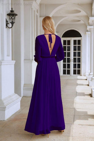 Ladies V Neck Chiffon Long Sleeve Front Slit Bridesmaid Evening Dress Wedding Party Shopping Evening Dress 28109