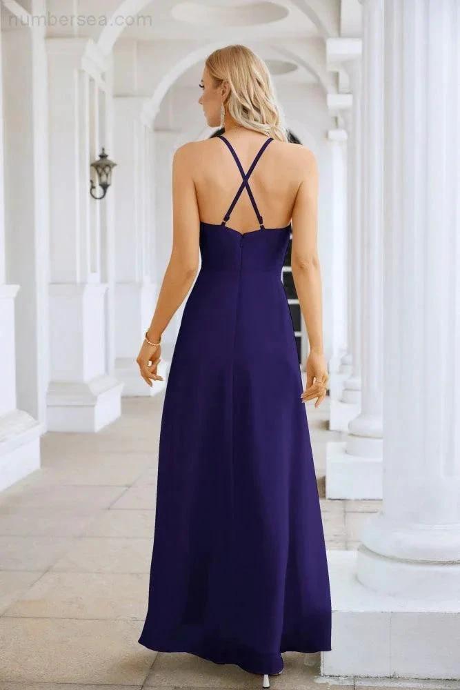 Ladies Chiffon Spaghetti Strap V Neck Front Slit Floor Length Bridesmaid Evening Dress Prom Party Wedding Evening Dress 28116 by numbersea
