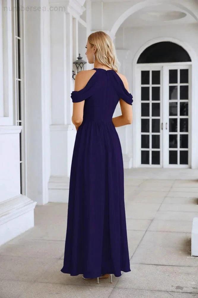 Ladies Chiffon Off Shoulder Swing Sleeve Front Slit Bridesmaid Evening Dress Wedding Party Evening Dress 28117 by numbersea