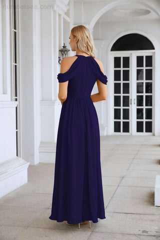 Ladies Chiffon Off Shoulder Swing Sleeve Front Slit Bridesmaid Evening Dress Wedding Party Evening Dress 28117