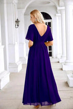 Ladies Chiffon Sleeve Crew Neck Front Slit Floor Length Bridesmaid Evening Dress Wedding Party Evening Dress 28124 by numbersea