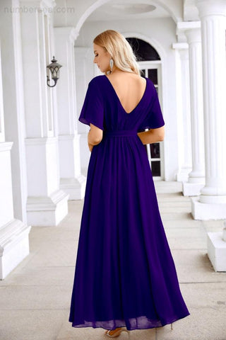 Ladies Chiffon Sleeve Crew Neck Front Slit Floor Length Bridesmaid Evening Dress Wedding Party Evening Dress 28124