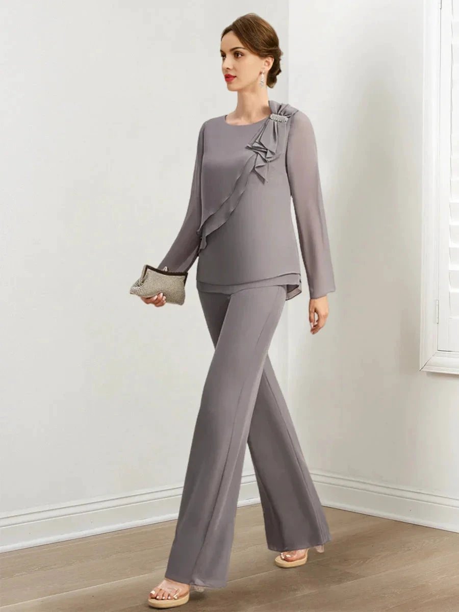 Chiffon Mother of the Bride Pantsuits with Beading & Ruffles by Dreamylily