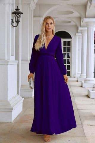 Ladies V Neck Chiffon Long Sleeve Front Slit Bridesmaid Evening Dress Wedding Party Shopping Evening Dress 28109