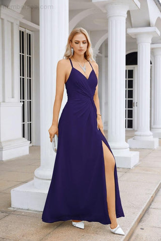 Ladies Chiffon Spaghetti Strap V Neck Front Slit Floor Length Bridesmaid Evening Dress Prom Party Wedding Evening Dress 28116