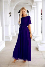 Ladies Chiffon Sleeve Crew Neck Front Slit Floor Length Bridesmaid Evening Dress Wedding Party Evening Dress 28124 by numbersea