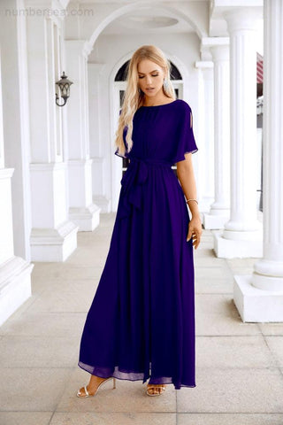 Ladies Chiffon Sleeve Crew Neck Front Slit Floor Length Bridesmaid Evening Dress Wedding Party Evening Dress 28124