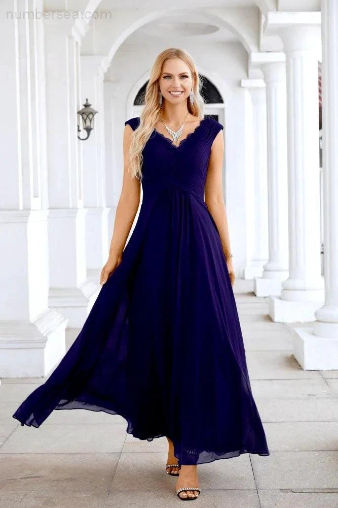 Ladies Chiffon V Neck Sleeveless Floor Length Bridesmaid Evening Dress Wedding Party Evening Dress 28126 by numbersea