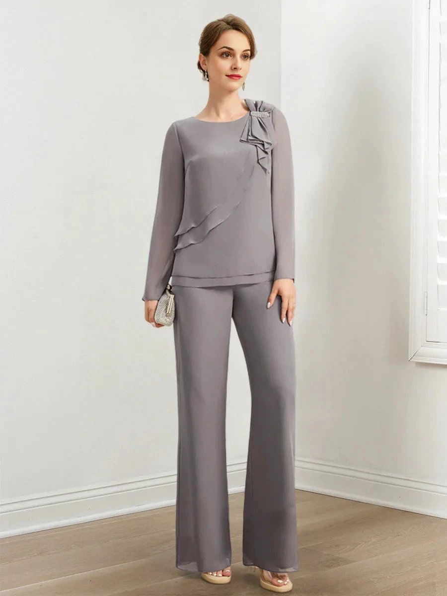 Chiffon Mother of the Bride Pantsuits with Beading & Ruffles by Dreamylily