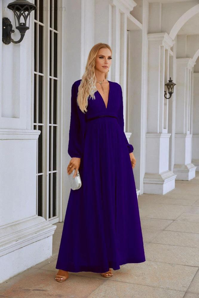Ladies V Neck Chiffon Long Sleeve Front Slit Bridesmaid Evening Dress Wedding Party Shopping Evening Dress 28109 by numbersea