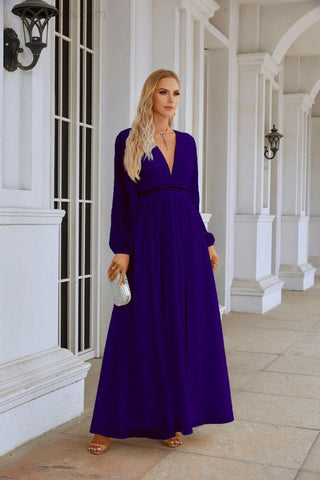 Ladies V Neck Chiffon Long Sleeve Front Slit Bridesmaid Evening Dress Wedding Party Shopping Evening Dress 28109
