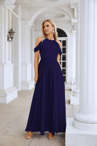Ladies Chiffon Off Shoulder Swing Sleeve Front Slit Bridesmaid Evening Dress Wedding Party Evening Dress 28117