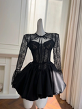 Sexy Black Lace Satin A Line Homecoming Dress Short Prom Dress Y8590 by simplepromdress
