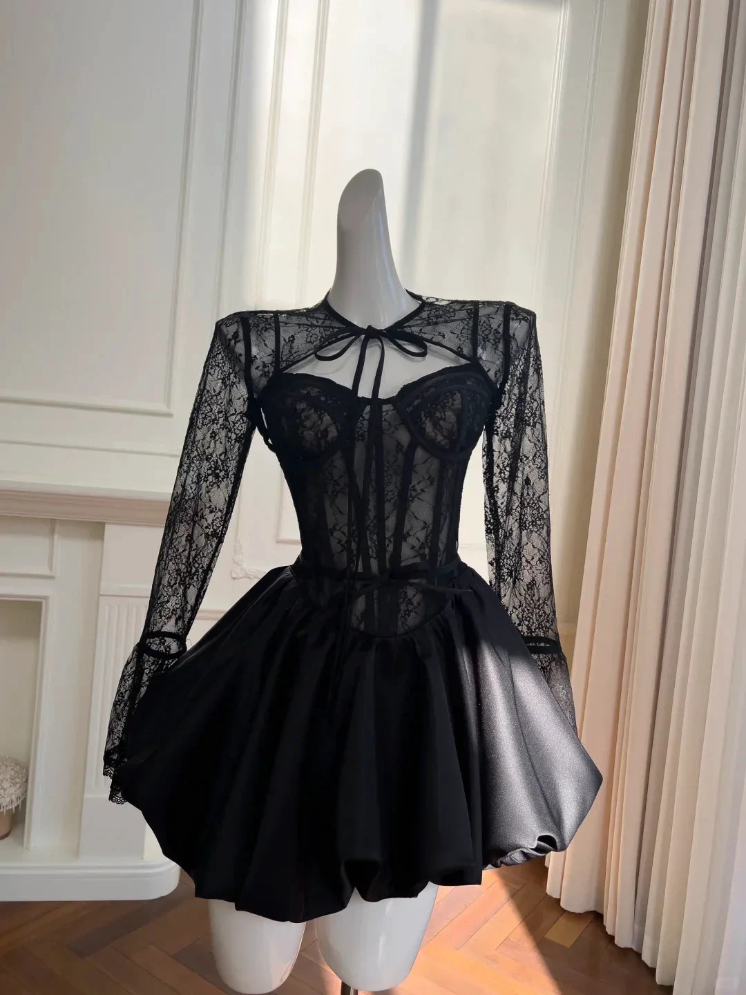 Sexy Black Lace Satin A Line Homecoming Dress Short Prom Dress Y8590 by simplepromdress