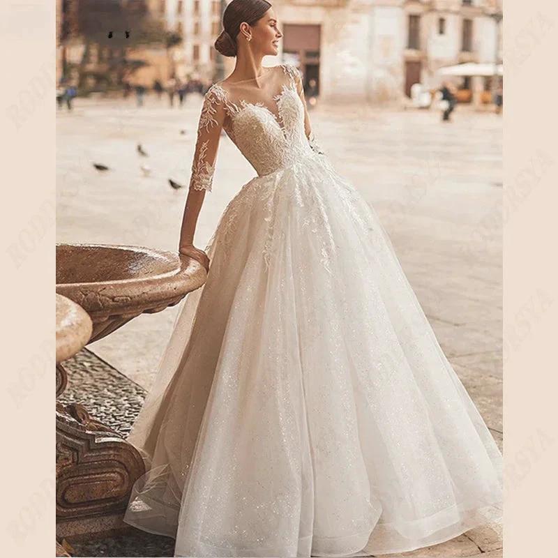 Scoop-Neck Wedding Dress Illusion Back Bridal Gown A-line Tulle Bride Party 3/4 Sleeve Lace Applique Vestido De Noiva by payinti