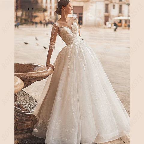 Scoop-Neck Wedding Dress Illusion Back Bridal Gown A-line Tulle Bride Party 3/4 Sleeve Lace Applique Vestido De Noiva