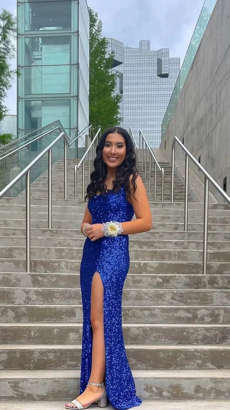 Royal Blue Sequins Long Prom Dress With Side Slit Elegant Evening Gown Y128 by simplepromdress