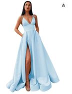 V-Neck Slit Satin Long Prom Dress Spaghetti Strap Evening Ball Gown with Pockets S14431 by simplepromdress