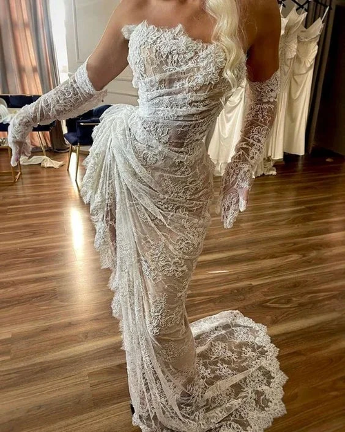 Sheath Strapless Bridal Gown Lace Mermaid Ruched Lace High Low Thigh Split Custom Made Wedding Dress Y4435 by simplepromdress