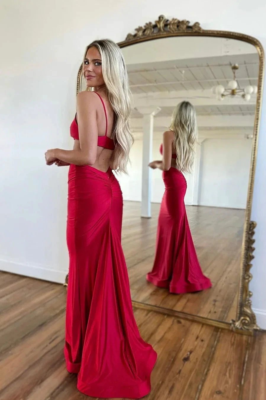Red Mermaid Floor Length Prom Dress with Delicate Spaghetti Straps by BIZTUNNEL