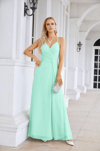 Ladies Chiffon Spaghetti Strap V Neck Front Slit Floor Length Bridesmaid Evening Dress Prom Party Wedding Evening Dress 28116