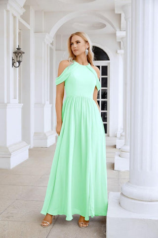 Ladies Chiffon Off Shoulder Swing Sleeve Front Slit Bridesmaid Evening Dress Wedding Party Evening Dress 28117