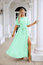 Ladies Chiffon Sleeve Crew Neck Front Slit Floor Length Bridesmaid Evening Dress Wedding Party Evening Dress 28124 by numbersea