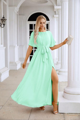 Ladies Chiffon Sleeve Crew Neck Front Slit Floor Length Bridesmaid Evening Dress Wedding Party Evening Dress 28124
