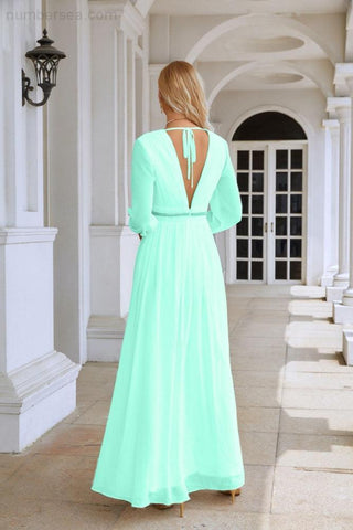 Ladies V Neck Chiffon Long Sleeve Front Slit Bridesmaid Evening Dress Wedding Party Shopping Evening Dress 28109