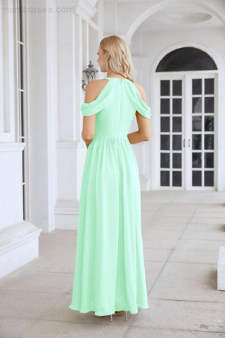 Ladies Chiffon Off Shoulder Swing Sleeve Front Slit Bridesmaid Evening Dress Wedding Party Evening Dress 28117