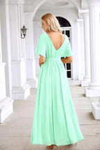 Ladies Chiffon Sleeve Crew Neck Front Slit Floor Length Bridesmaid Evening Dress Wedding Party Evening Dress 28124 by numbersea