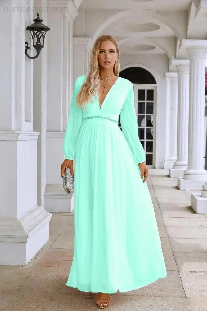 Ladies V Neck Chiffon Long Sleeve Front Slit Bridesmaid Evening Dress Wedding Party Shopping Evening Dress 28109 by numbersea