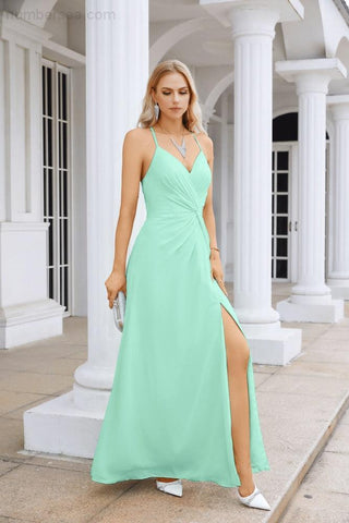 Ladies Chiffon Spaghetti Strap V Neck Front Slit Floor Length Bridesmaid Evening Dress Prom Party Wedding Evening Dress 28116