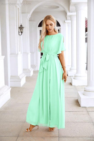 Ladies Chiffon Sleeve Crew Neck Front Slit Floor Length Bridesmaid Evening Dress Wedding Party Evening Dress 28124