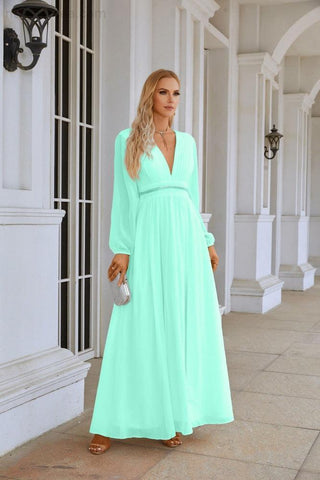 Ladies V Neck Chiffon Long Sleeve Front Slit Bridesmaid Evening Dress Wedding Party Shopping Evening Dress 28109