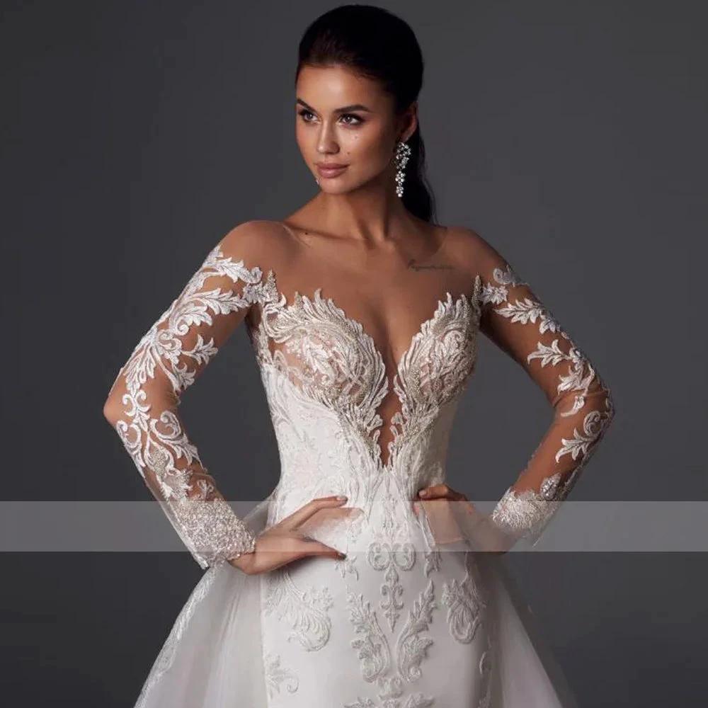 Loverxu Mermaid Vintage Wedding Dresses 2023 Sweetheart Long Sleeve Vestido De Novia Appliques Detachable Train Robe De Mariee by payinti