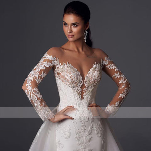Loverxu Mermaid Vintage Wedding Dresses 2023 Sweetheart Long Sleeve Vestido De Novia Appliques Detachable Train Robe De Mariee