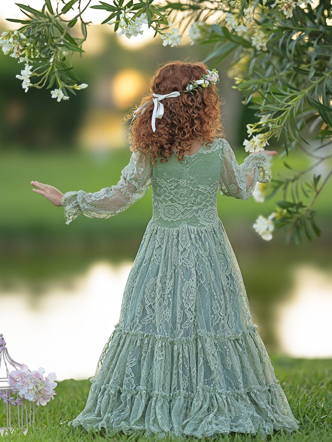 Lace Ankle-length Sage Green Boho Flower Girl Dress - photo 3