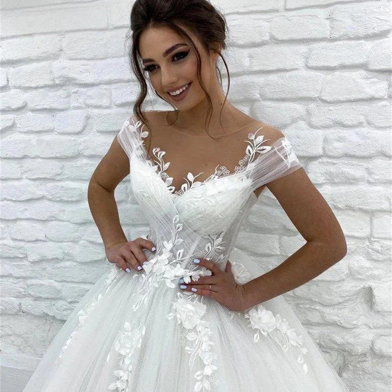 Princess Lace Tulle A Line Wedding Dress Sweetheart Cap Sleeve 3D Appliques Boho Bridal Gowns For Woman Button Vestidos De Novia by payinti