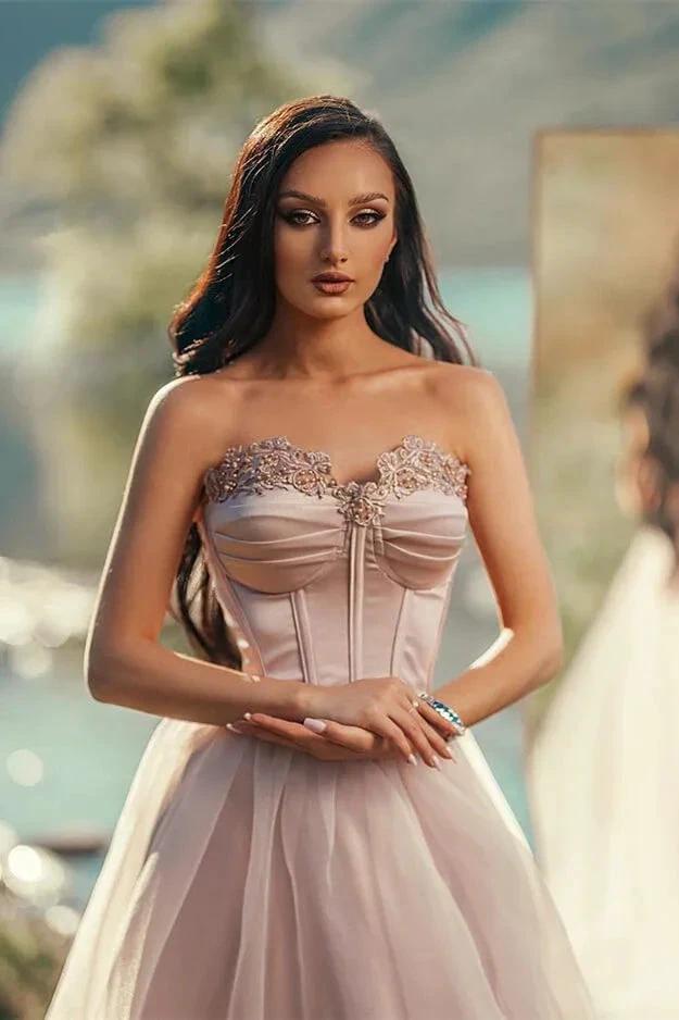 Strapless A-line Long Prom Dress with Tulle Applique and Pleats by BIZTUNNEL